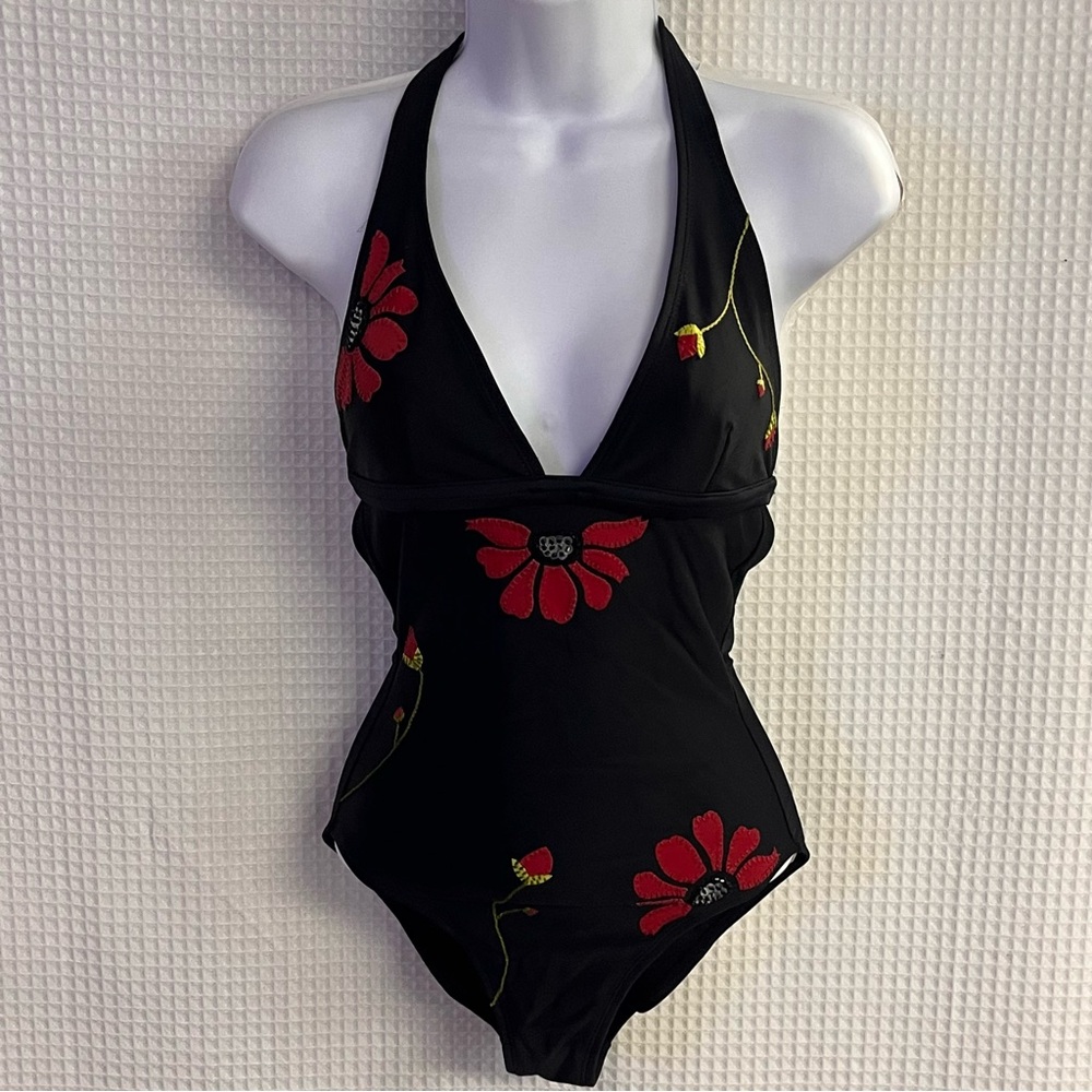 Vix ladies Black Halter Swimsuit with Red Floral Design size small